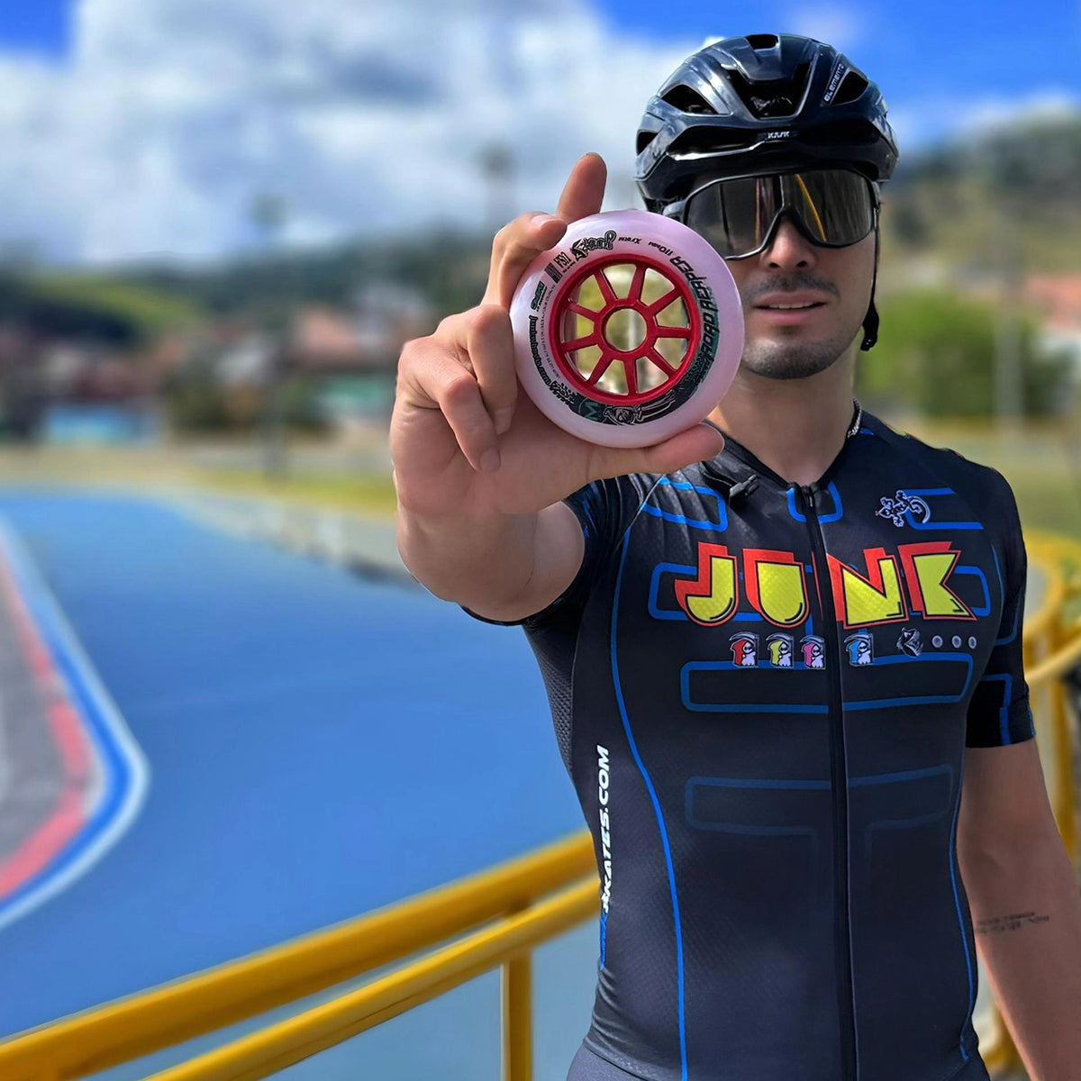 Junk Skates Junk Man Uniform inline speed skating Junk Wheels World Champion Emanuelle Silva shows off his Junk Road Reaper Wheels 